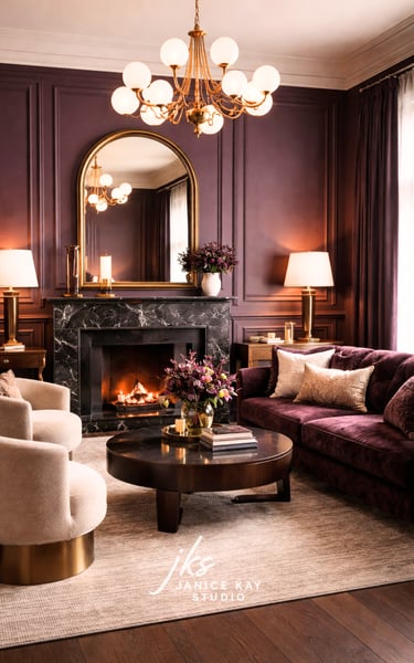 Elegant living room in deep plum