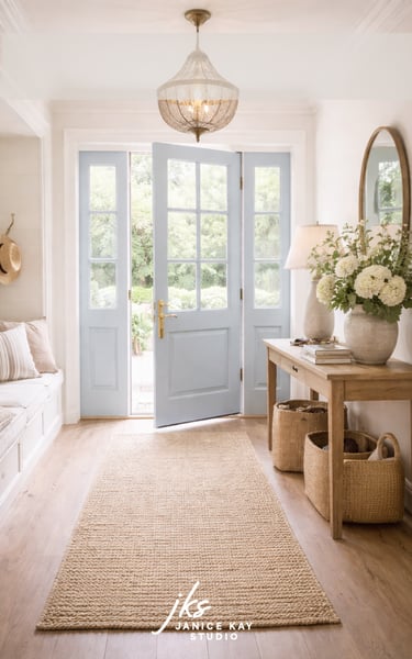 white and soft blue entryway