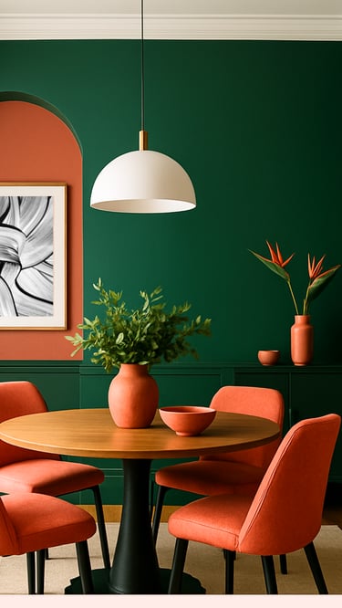 a green and coral dining room by Janice Kay Studio