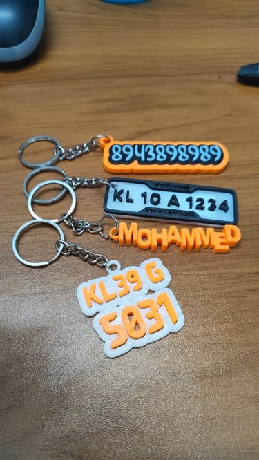 custom 3d printed name and vehicle number keychains