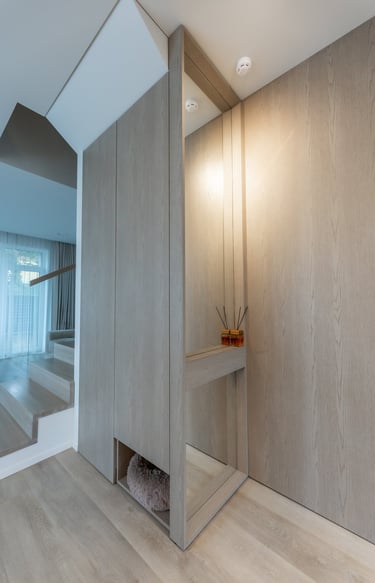 baldų gamyba, spinta po laiptais, tambūro spinta, šuns guolis spintoje, tambūro veidrodis