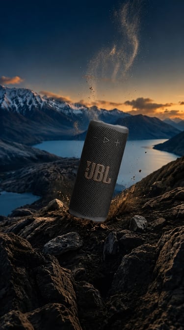 JBL GRIP sur paysage montagneux au coucher du soleil avec effet de projection de terre et pierres.