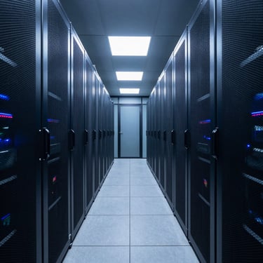 Architectural shot of a high-tech data center hallway in Europe, symmetrical perspective lines, Deep Blue and Dark Navy color scheme, sterile and secure atmosphere.