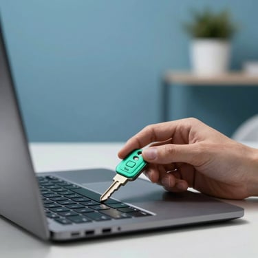 Close up of a hand using a biometric security key on a laptop in a modern minimalist French office, lighting highlights Emerald Teal accents on Steel Blue background.