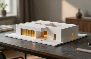 A minimalist architectural model made of white materials and warm gold accents, resting on a deep charcoal desk in a sunlit room.