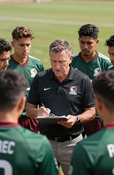 Coach explaining a play on a clipboard to a group of attentive players, bright daylight, professional sports environment in Mexico.