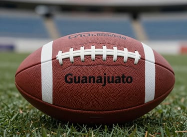 Close-up of a high-quality flag football ball resting on the turf with a blurred background of a stadium in Guanajuato.