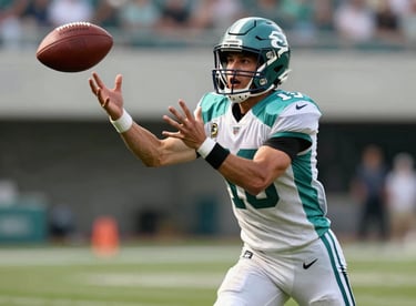 Player catching a football mid-air with intense focus, teal and off-white sports apparel, cinematic action photography.