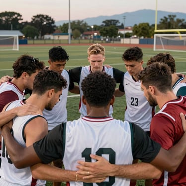 A group of diverse teammates in a huddle, showing unity and spirit, North American / Mexican sports complex setting, evening lighting.