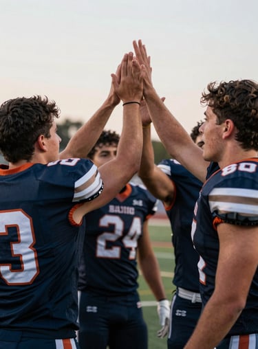 A celebratory moment where players are high-fiving after a touchdown, capturing the joy and community of the Bajio league.