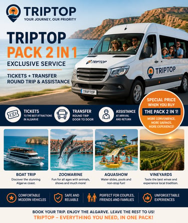 Triptop travel package flyer featuring Algarve boat trips, Zoomarine, and water park transfers via private van.