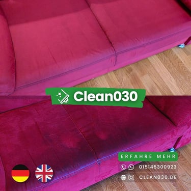 Vorher-Nachher: Clean030 entfernt speckige Stellen und Flecken auf einer Couch in Berlin. Professionelle Polsterpflege.