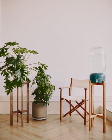 Cozy room interior featuring ceramic water dispenser on oak floor stand, wooden stand with plants, and wooden textile chair