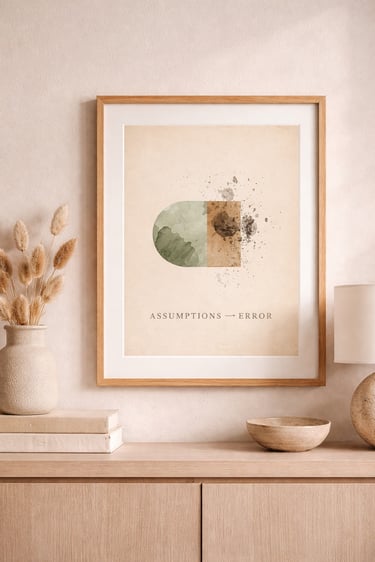 Framed abstract watercolor wall art with geometric shapes and minimalist text on a wooden sideboard.
