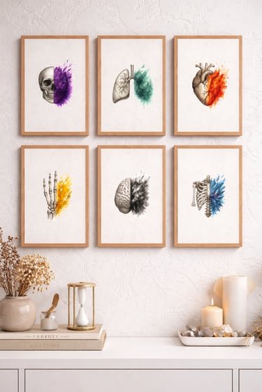 Six framed anatomical watercolor prints featuring geometric skull, heart, and lungs on a white wall.