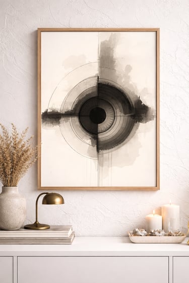 Minimalist abstract eye art print in a wood frame above a modern sideboard with candles and decor.