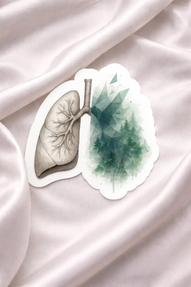 Anatomical lungs sticker with pine forest watercolor art on white silk fabric background.