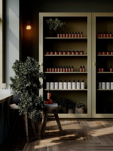 Luxury  products displayed on shelves in a boutique spa interior with natural light.