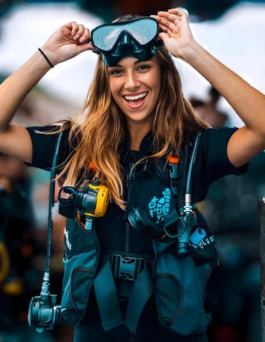 Smiling woman preparing for a dive in Gili Trawangan, excited for her personalized scuba experience.