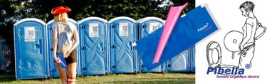 Woman with Pibella Travel standing in front of portable festival toilets.