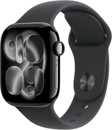 Black Apple Watch Series 10 with a midnight aluminum case and black sport band.