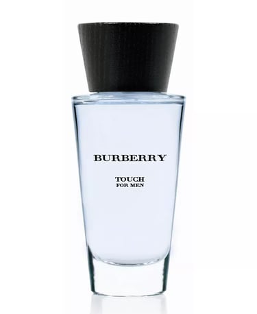 Burberry Touch for Men eau de toilette spray bottle with light blue fragrance and black wood grain cap.
