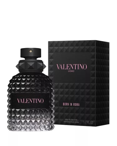Valentino Uomo Born in Roma black studded glass cologne bottle and matching luxury packaging.