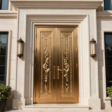 A pair of towering double doors in rich mahogany, opening to a sunlit foyer with marble floors.