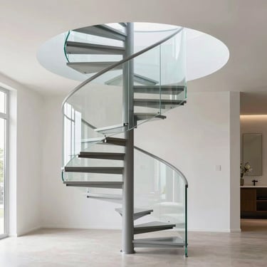A beautifully curved wooden staircase with intricate railings in a modern home.