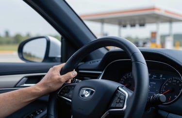 A close-up of a hand on a steering wheel of a modern car, with a blurred view of a toll station in the background. Deep Navy Blue tones.