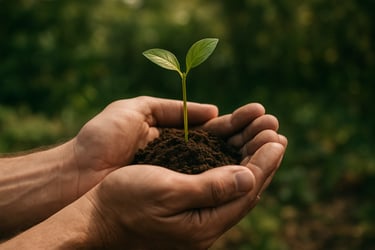 A close-up photograph of hands holding a small, resilient green sprout in a Central European garden setting, representing psychological growth and professional care.