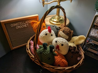 Crochet Chinese Zodiac characters in a basket