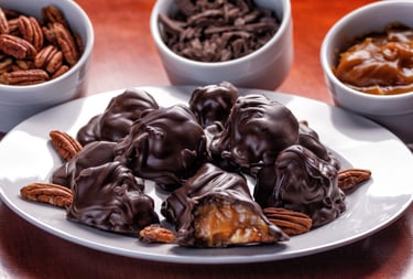 A Plate of Chocolate Turtles with ingredients. ##Food Photography Studio, #Food Photography