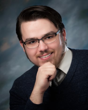 Casual Headshot of a man on a multi-color blue canvas background. # Headshot, # Business Photo, # Detroit Commercial Photo & 