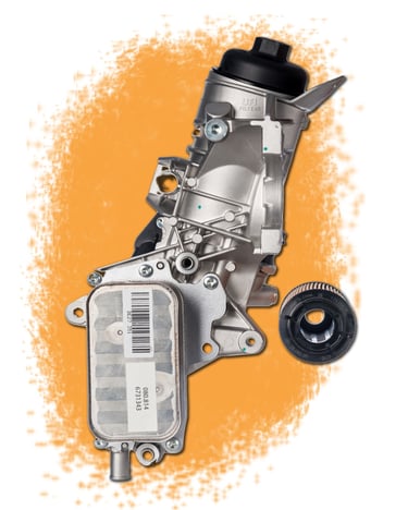 Heavy machine oil filter on an bold orange artistic background