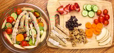 Chicken Strawberry salad with apples. Salad and ingredients separately. Delicious fresh ingredients. #Food Photography for R,