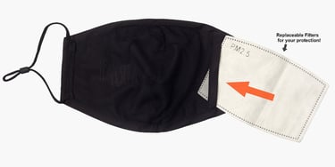 Black Covid face mask showing a replaceable, and disposable filter being inserted.