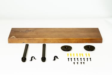 Wooden shelf with included accessories displayed on a White background. for Amazon. #Professional Product Photography, # Eco