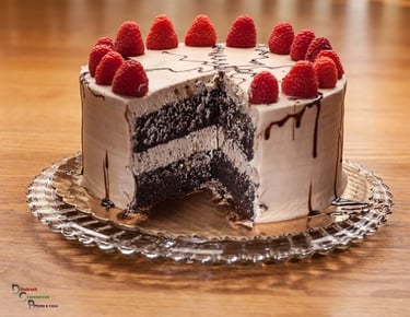 Raspberry covered 3 tier chocolate cake with white frosting. # Food Photography, # Dessert, # Cake