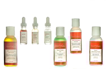 Group shot of 7 Cosemetics in bottles on a white background for Amazon or an ecommerce site.