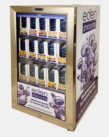 White & silver showcase for Eden Industries promoting mushroom Products. #Muschrooms, #Drug,