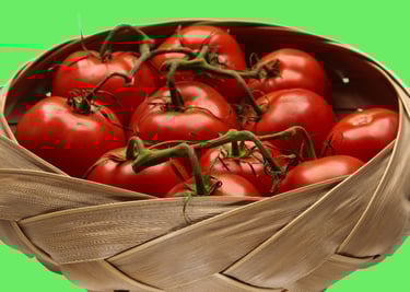Bold green background with a basket full of red Ripe Tomatoes.. # food Photography, # Bold and Graphic, # basket of tomatoes