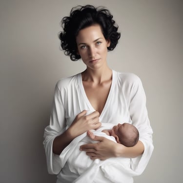 A mother in a white robe cradles her newborn baby.