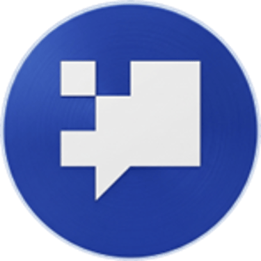 A blue circular icon featuring a white pixelated speech bubble logo for communication technology.