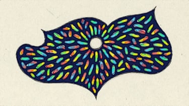 Digitaler Entwurf eines Wandbildes aus verklebten, bunten Holzscheiten mit einer integrierten Wandleuchte, komplett koloriert