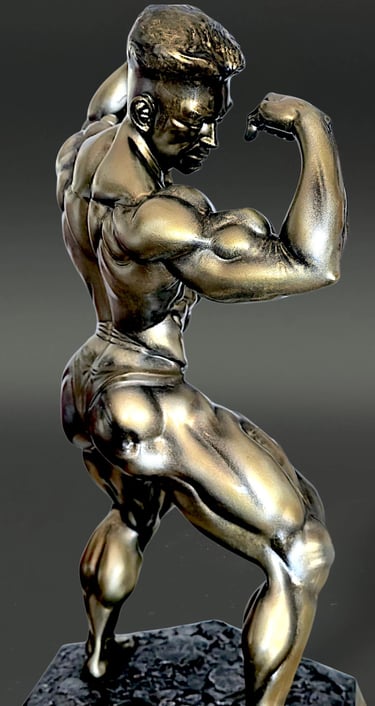 Trofeo de culturismo de bronce que presenta una figura masculina musculosa en una pose clásica de do