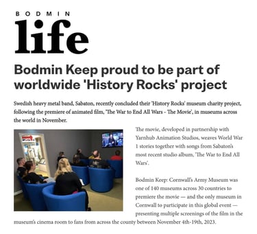 Bodmin Life article: Bodmin Keep proud to be part of worldwide 'History Rocks' project