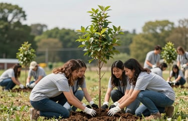 A group of volunteers planting a memorial tree, representing the community engagement aspect of Narrows Farm. Professional and empathetic style.