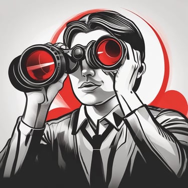 A businessman in a suit looks through binoculars with red lenses in a stylized comic book illustration.