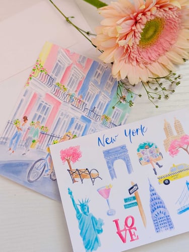 Greeting cards with New York City theme and Notting Hill London.